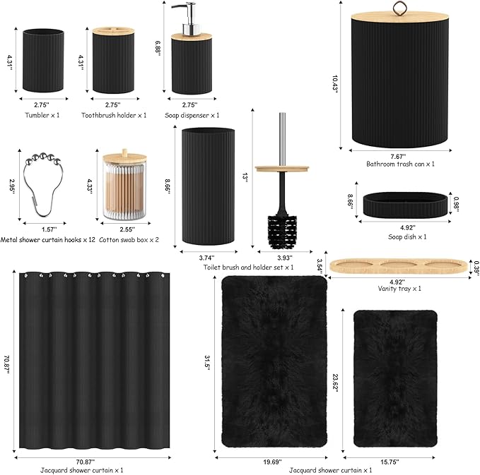 Bathroom Accessories Set - 24PCS Black Bathroom Set with Shower Curtain and Rugs,Trash Can,Toilet Brush Holder Set & Soap Dispenser – Stylish & Functional Bath Decor for Home, Apartment