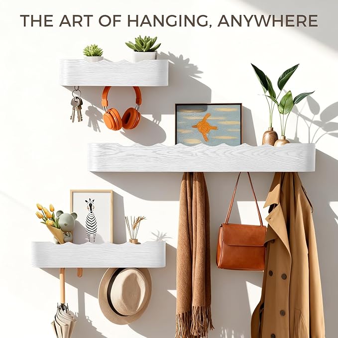 Wall Coat Rack Floating Shelves Modern Coat Rack Wall Mount with Storage Entryway Shelf Wooden Hanger 20 Inch 4 Hidden Metal Hooks for Living Room Bedroom (Wavy White, 4 Hooks)