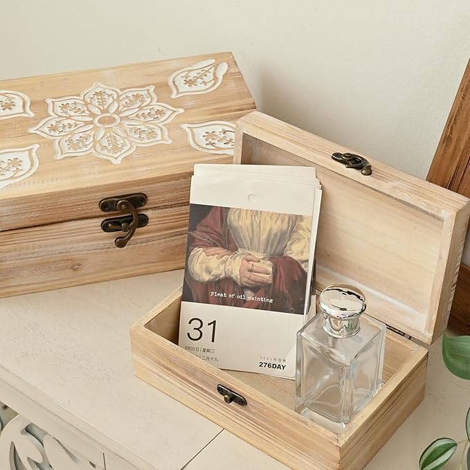 Mandala Carved Wooden Box Set of 2, Rustic Decorative Storage Boxes with Metal Latch, Handcrafted Mandala Flower Design Keepsake Boxes for Jewelry, Photos, Home Decor, Coffee Table