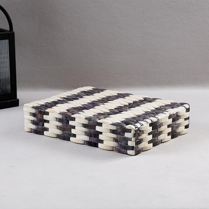 Handicrafts Home Large Decorative Storage Box with Lid– 8x6x1.5” Coffee Table Organizer, Keepsake-Decorative Boxes for Home Decor, Stylish Decorative Box for Office Décor-Weave- Grey White
