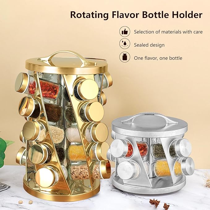 TINMIX Portable Stainless Steel Spice Rack with 8 Spice Jars Included Revolving Spice Organizer for Kitchen Tower Storage Rack for Spices and Seasoning Gold