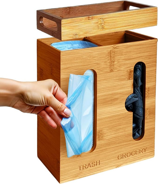 Under Sink Organizer for Kitchen Cabinet - Bamboo Trash Bag Dispenser & Bag Holder – Pantry Organizer & Garbage Roll Holder for Cleaning Supplies, Apartment Essentials & Home Organization