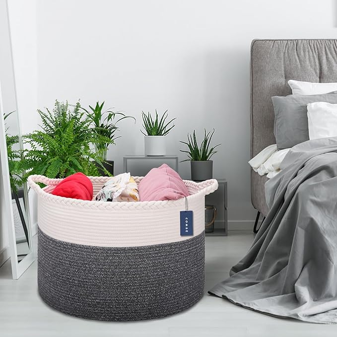 COMSE Extra Large Blanket Basket, Woven Laundry Basket, 21.7âx 13.8â, Nursery Hamper, Cotton Rope Laundry Hamper Living Room for Storage Toys Clothes Towels (White & Black)