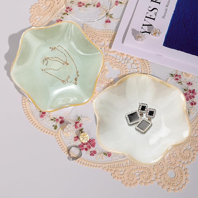 2 Pcs Ceramic Jewelry Dish, Jewelry Tray Key Tray,Small Ring Dish Holder Jewelry Plate Trinket Dish Catchall Tray Nightstand Decor For Table Room Decor SM (4.3 In, White,Green)
