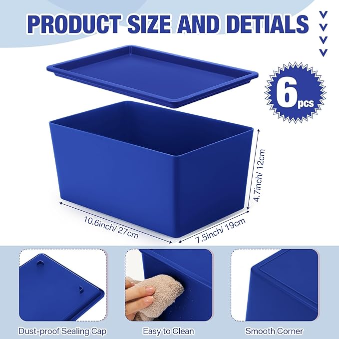 Menkxi 6 Pcs Storage Bins with Lids Small Plastic Storage Containers Stackable Storing Baskets Box Cute Organizer Bins for Organizing Shelves (Blue Series)