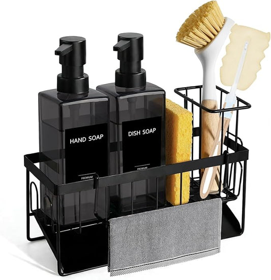 GMISUN Dish Soap Dispenser for Kitchen, 12 fl oz / 350 ml Dual Kitchen Soap Dispensers with Sponge Holder, Transparent Black Glass Kitchen Soap Dispenser Set, Modern Hand and Dish Soap Bottle Set