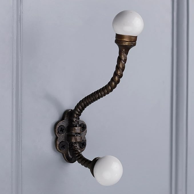 Indian Shelf Pack of 12 Heavy Duty Double Prong White Decorative Coat Hooks Unique Coat Rack Wall Mount Ceramic Wall Hooks for Hanging Towel Holder Backpack Purse Hanger- Style 7