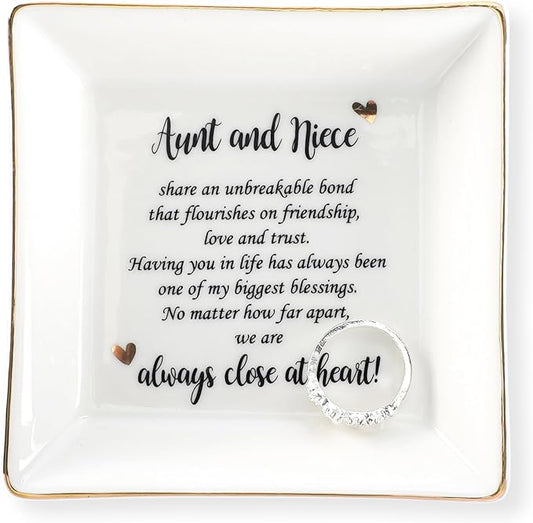 HOME SMILE Mother's Day Aunt Gifts from Niece,Aunt and Niece Gifts,Ceramic Jewelry Dish Tray for Aunts BirthdayValentine's,Thanksgiving,Xmas-Aunt and Niece Share an Unbreakable Bone