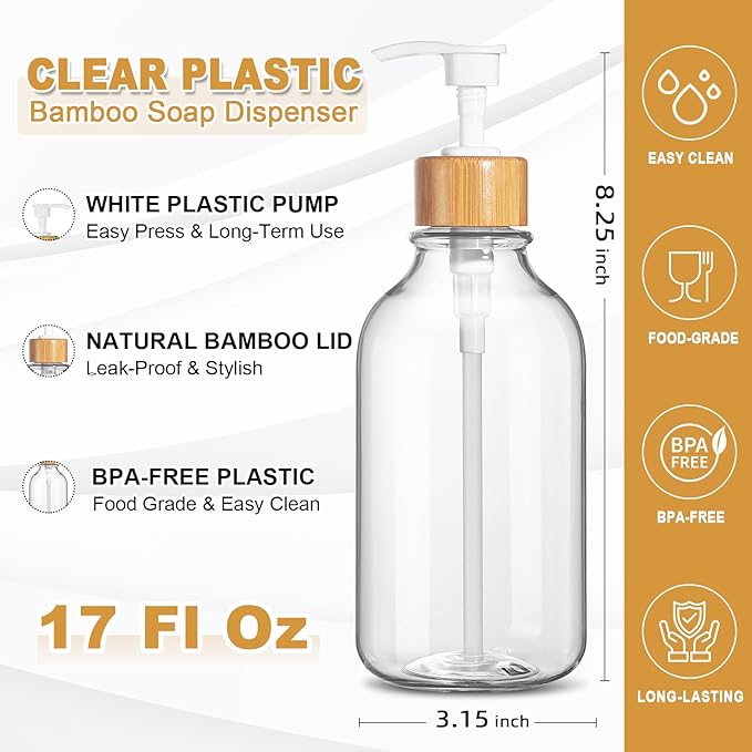 Clear Soap Dispenser, 2 Pack Plastic Dish Soap Dispenser for Kitchen, 17 Fl Oz Bathroom Hand Soap and Lotion Dispensers Set with Bamboo Pump, Refillable Liquid Soap Bottles