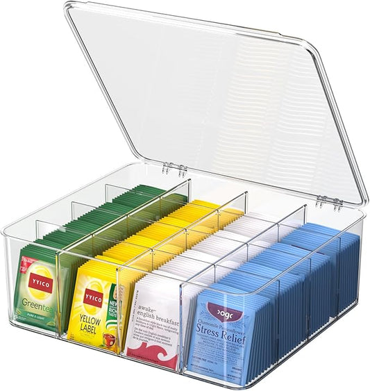 Tea Bags Organizer: Extra Large Tea Bag Holder with Lids - Tea Packet Organizer for Countertop Pantry, Stackable Clear Acrylic Storage Bin