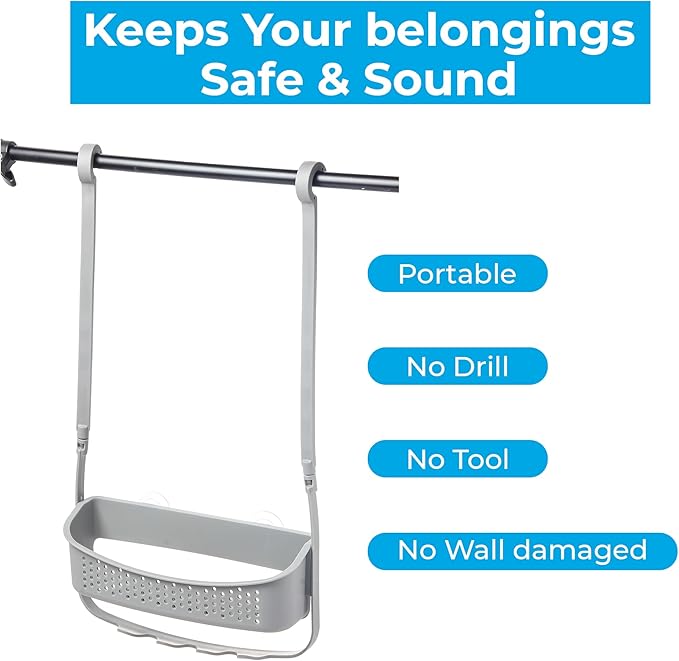 Blue Canyon Hanging Shower Caddy Single Basket, No Drill Bathroom Shelf, Non-Rusting Storage Shelves, Shower Accessory for Bathroom Organisation Shelf, Over Bath Storage Shower Basket Organizer, Grey
