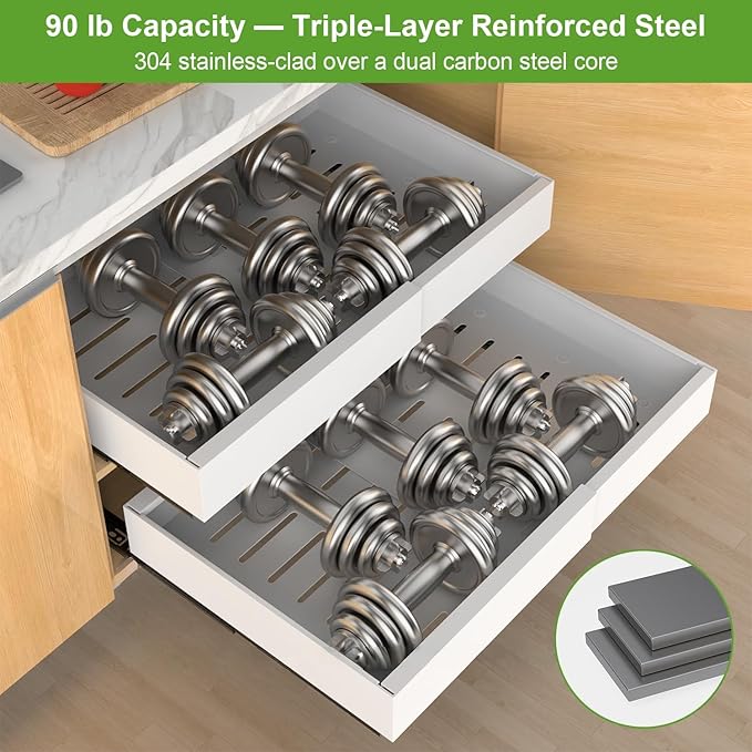 ANTOWIN 2-Pack Expandable Pull Out Cabinet Organizer 21" Deep(15.3"-26" W), 3 Full Extension Glides Slide Out Drawers, Roll Out Shelves Adhesive Raising Pad,Compatible Framed Cabinets,90lb Cap,White