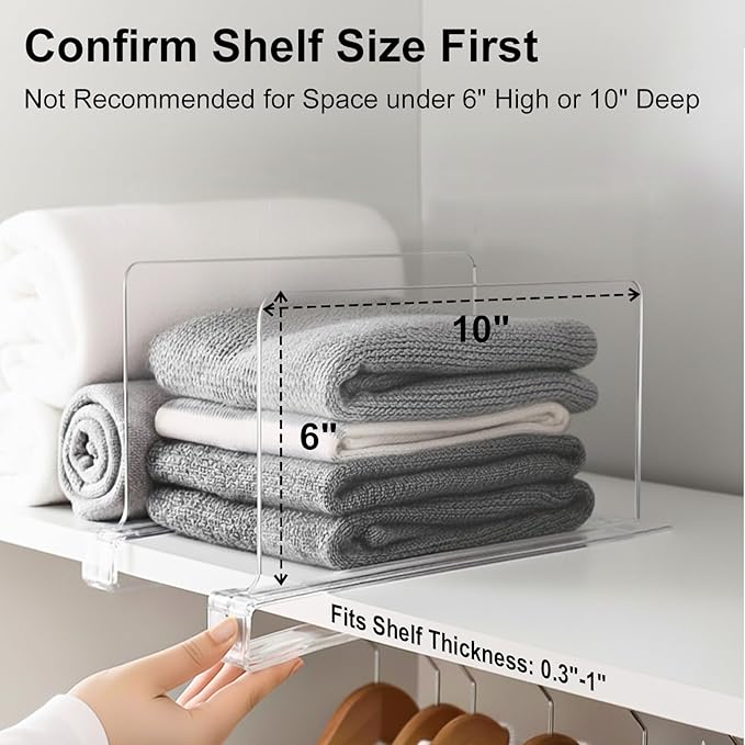 Shelf Dividers Purse Organizer for Closet: 6-inch Tall(Shorter Version) Acrylic Handbag Organizer - Small Space Separator for Clutches Evening Bags Pouches Mini-Bags on Wood Shelves 4-Pack