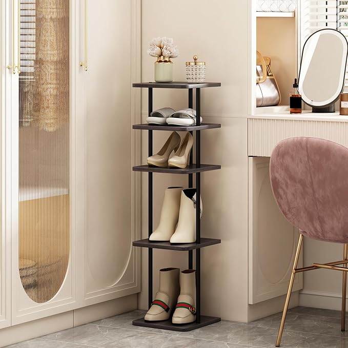 SORCEDAS 5 Tiers Vertical Shoe Rack Wooden Shoe Storage Organizer for Space Saving Narrow Shoe Shelf Storage 5 Pairs for Entryway Living Room Bedroom(Black + Rustic Dark Brown)