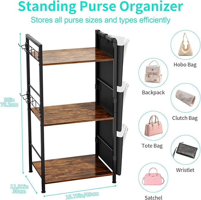 HapiRm Purse Organizer Storage Rack - Floor-Standing 3 Tier Purse Holder with Side Hooks and Transparent Pockets for Handbag Storage, High-Capacity Bag Organizer for Closet, Home, Living Room