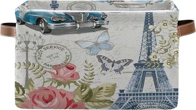AUUXVA Storage Basket Vintage Paris Eiffel Tower Rose Flower Old Car Storage Cube Box Durable Canvas Collapsible Toy Basket Organizer Bin with Handles for Shelf Closet Bedroom Home Office