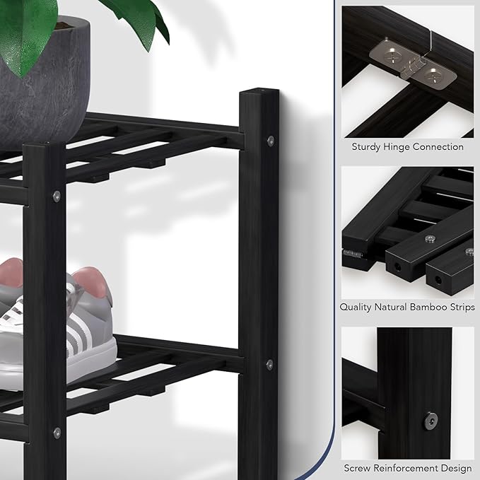 Haddockway 3 Tier Bamboo Shoe Rack Storage Organizer, Multifunctional Free Standing Stackable Shoe Shelf with Grid Panel for Closet,Hallway,Entryway,Small Space 27"x11"x20"
