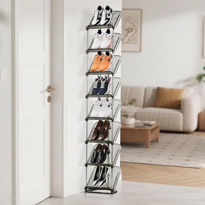 Vertical Shoe Rack 8 Tiers Narrow Clear Sneaker Storage Holder Luxurious Slim Tall Organizer Space Saving Shelf for Entryway Garage 10.4" W x 64.5" H x 9.8" D (Transparent Black)
