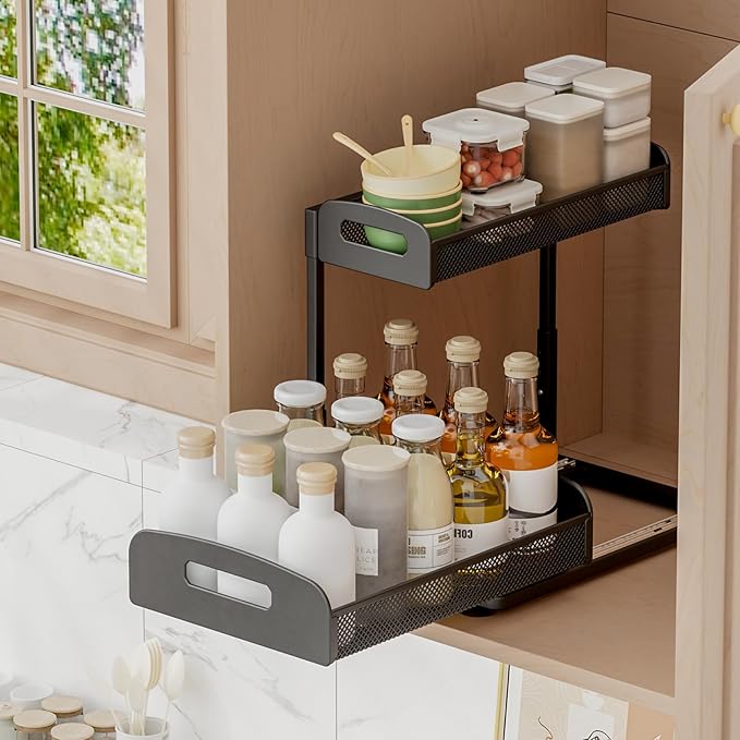 YASONIC Under Sink Organizer, Metal 2 Pack Height Adjustable Under Kitchen Sink Organizer with Pull Out Drawer, 15.9 Inches Cabinet Organizers and Storage for Kitchen & Bathroom Black