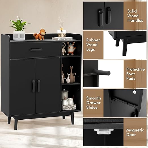 Giantex Floor Storage Cabinet, Freestanding Cupboard with 1 Drawer, 2 Doors, 3 Shelves, 4 Rubber Wood Legs, Sideboard, Entryway Unit for Home Office, Living Room, Storage Organizer (Black)