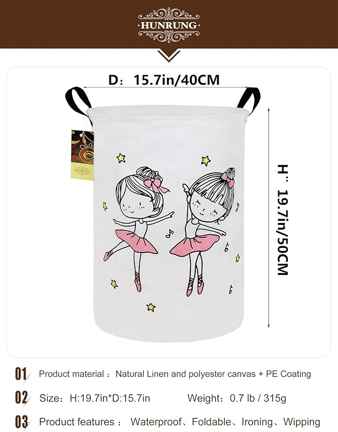 HUNRUNG Laundry Hamper,Large Canvas Fabric Lightweight Storage Basket Toy Organizer Dirty Clothes Collapsible Waterproof for College Dorms, Children Bedroom,Bathroomï¼Round-Dancing girlï¼