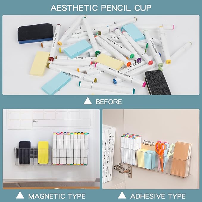 2 Pack Whiteboard Marker Holder for Home Office, Clear Magnetic Cup Holder for Dry Erase Marker, Remote Control, Cards, Locker Accessories, Refrigerator, Adhesive Bathroom Supplies Organizer
