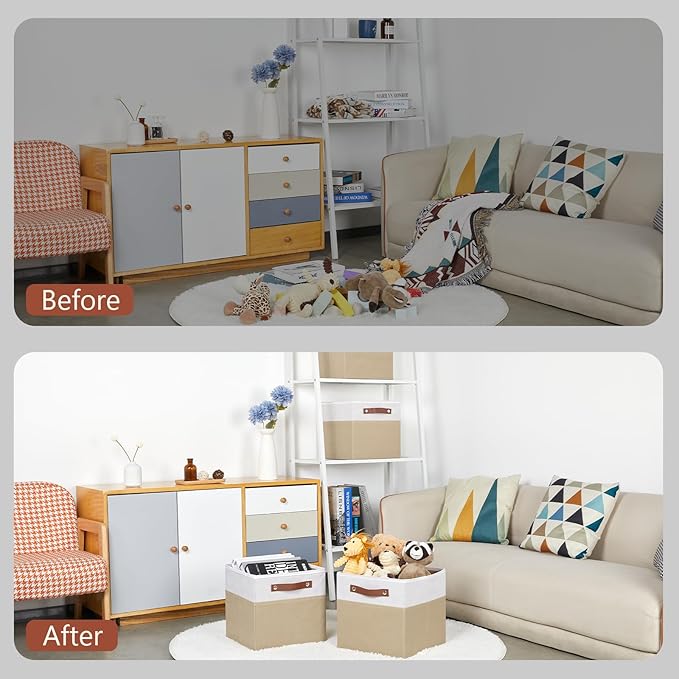 HNZIGE Cube Storage Organizer Bins,Shelf Fabric Storage Bin 11 x 11, 6 PCS Canvas Linen Organizers Bins,Decorative Storage Cube Bin for Storage Blanket Home, Office(White Beige)
