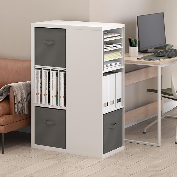 Furinno Viola Book Shelf, 3-Tier Bookshelf, Cube Storage Organizer Bookcase with Open Shelf, with Storage Bins, 13.6 x 29.3 x 43.8, for Living Room, Bedroom, Home Office, White/Light Grey