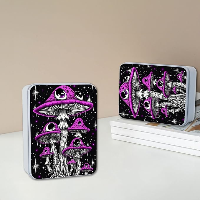 Metal Tin Box with Lid,Multi-functional Storage Large Box Can Store Tea Biscuits Game Cards, Playing & Tarot Cards-Comes with 4 Magnetic Cord Clips,Psychedelic Purple Mushrooms