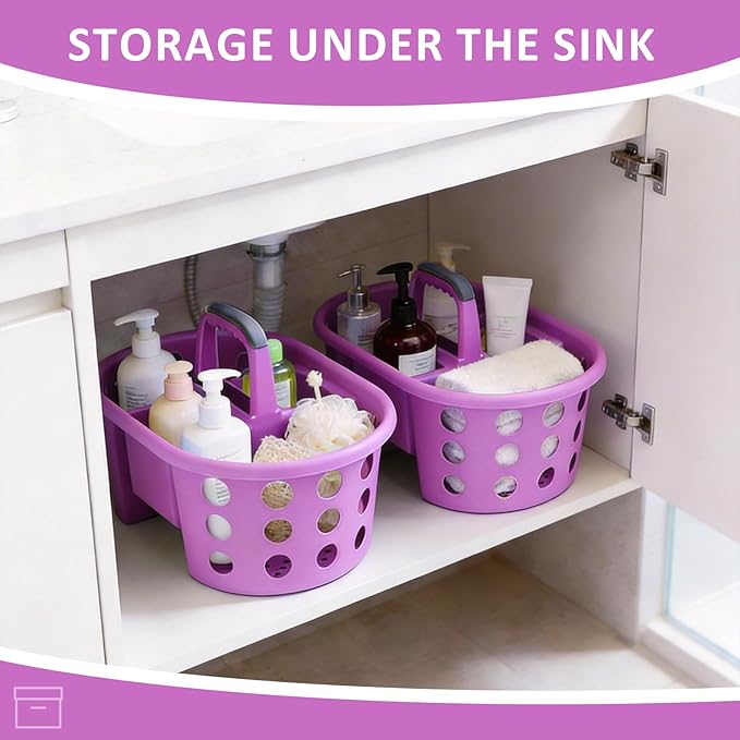 Large Shower Caddy Portable 2PC - Made in USA Plastic Jumbo Size Dorm Storage Candy Tote with Handle Shower Organizer for Bathroom, Pantry, Kitchen, College Dorm, Purple