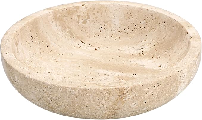 Hipiwe Key Holder for Entryway 7.9" Round Key Bowl Decorative Travertine Tray Nightstand Organizer Trays Jewelry Dish for Jewelry Ring Trinket Storage Home Decor