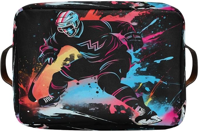 Storage Basket Colorful Abstract Ice Hockey Player Durable Canvas Collapsible Toy Box Organizer Bin with Handles for Shelf Closet Bedroom Home Office