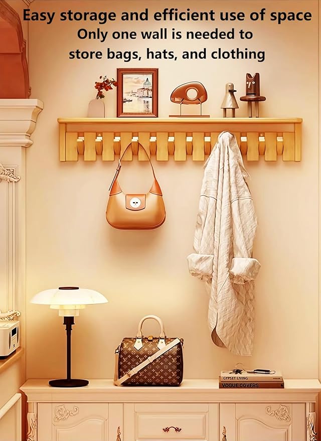 Wall Mounted Coat RackHooks Piano Key Hangers Natural Solid Wood Hanger Non-Woven Fabric Clothes Hangers for Closet, Kitchen, Bedroom, Bathroom, Entryway (Tray-Walnut, 10 Hooks)