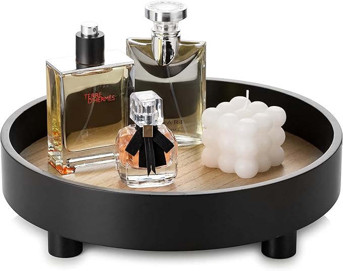 Hanobe Round Bathroom Decorative Tray: Large Vanity Decor Perfume Jewelry Trays for Bedroom Dresser - 12â Black Circle Pedestal Stand for Restroom Display