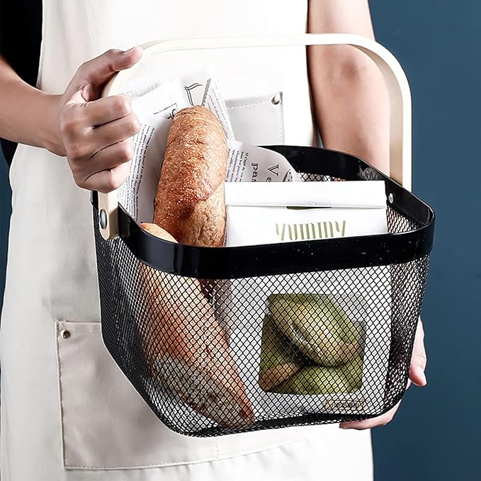Mesh Steel Storage Organizer Basket Fruit Basket Bin with Wood Handle Ideal for Kitchen Bathroom Picnic Baskets Pantry Cabinets Storage Home Decor (Cold Gray)