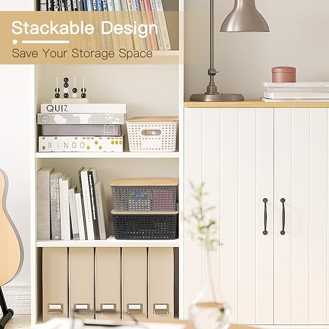 Criusia 6 Pack Plastic Storage Baskets With Bamboo Lid, Stackable Storage Baskets for Organizing Desktop Closet Shelves Drawers Pantry Organization Office Playroom Classroom (Black)