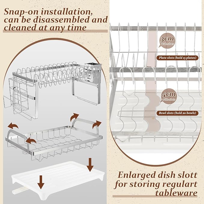 LemonRoad 2 Tier Dish Drying Rack Set Large Capacity Stainless Steel Dish Drainer Rack for Kitchen Counter Removable Plate Strainer Shelf with Drain Board Utensil Holder Drain Spout Cup Holder, Sliver
