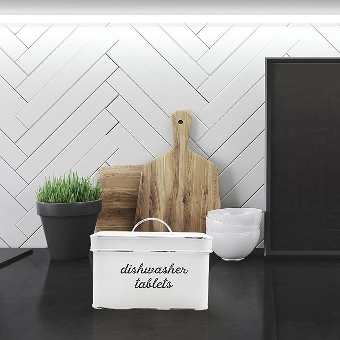 AuldHome Design Dishwasher Pod Holder, Tablet Container; White Enamelware Rustic Kitchen Storage Tin w/Lid