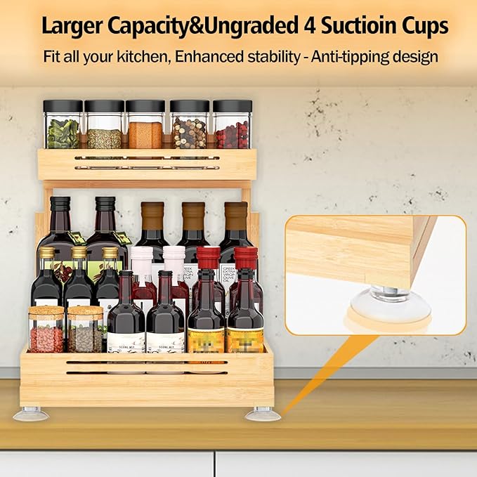 Under Sink Organizer, Pull Out Cabinet Organizer, 2 Tier Slide Out Sink Shelf Cabinet Storage Shelves, Storage for Kitchen Bathroom, Natural Premium Bamboo Wood