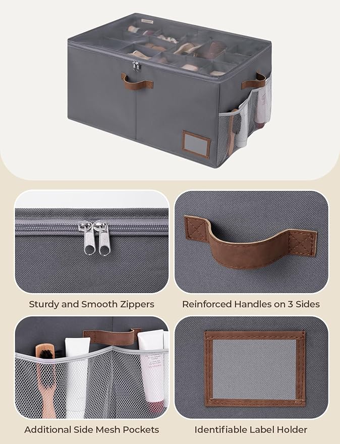 StorageWorks Shoe Organizer for Closet, Shoe Cubby Storage Containers for Sneakers and Heels, Shoe Rack for Closet with Clear Cover & Side Mesh Pocket, Fits up to 20 Pairs, Grey