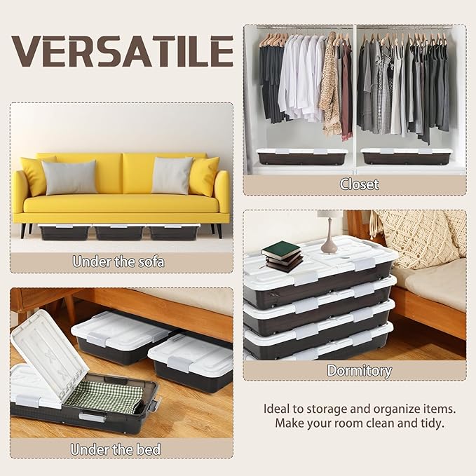 4 Pcs Plastic Under Bed Storage Container with Double Opening Lid Wheel Handle, Transparent Large Capacity Stackable Latching Festival Storage Bin for Closet Bedroom, 31.5x15.8x5.2 In(Brown)