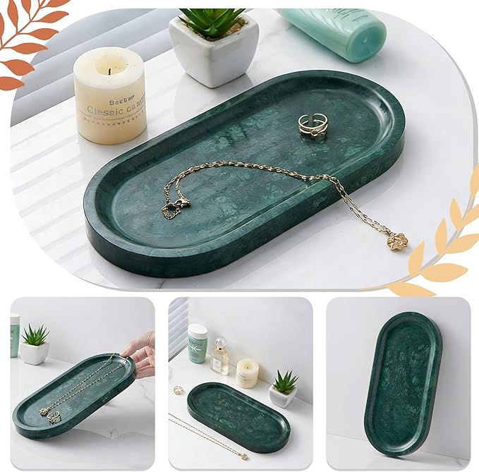 Natural Marble Tray, Green Stone Tray, Vanity Decorative Tray for Countertop, Catchall for Perfume, Candles, Skincare, Jewelry Dish, Bathroom Tray, Hotel Supplies