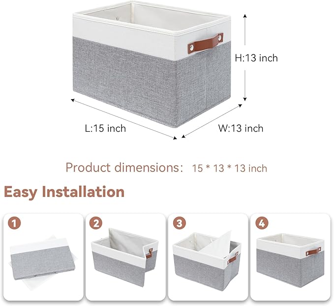 SNWDN 4 Pack Fabric Storage Baskets for Organizing Collapsible Fabric Storage Bins with Handles for Home organization and storage (White/Grey 15''Lx13''Wx13''H)