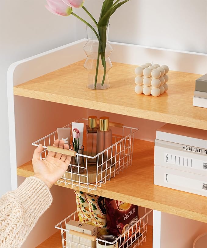 Wire Basket with Wooden Handle, Metal Utility Storage Basket for Organizing Kitchen Pantry Cabinets, Closet and Garage Shelves Drawers, Office Metal Basket Storage Organizer with Handle (White 4 Pack)
