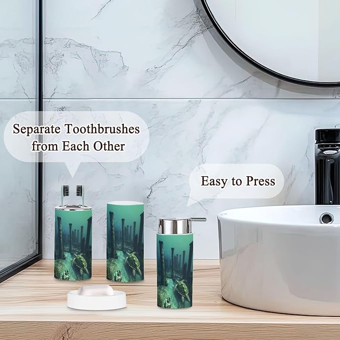 6 Piece Bathroom Accessories Set Surreal Art Ancient Sea Turtle Ruin Trash can Toilet Brush Holder Toothbrush Holder Toothbrush Cup Soap Dispenser Soap Dish for Home