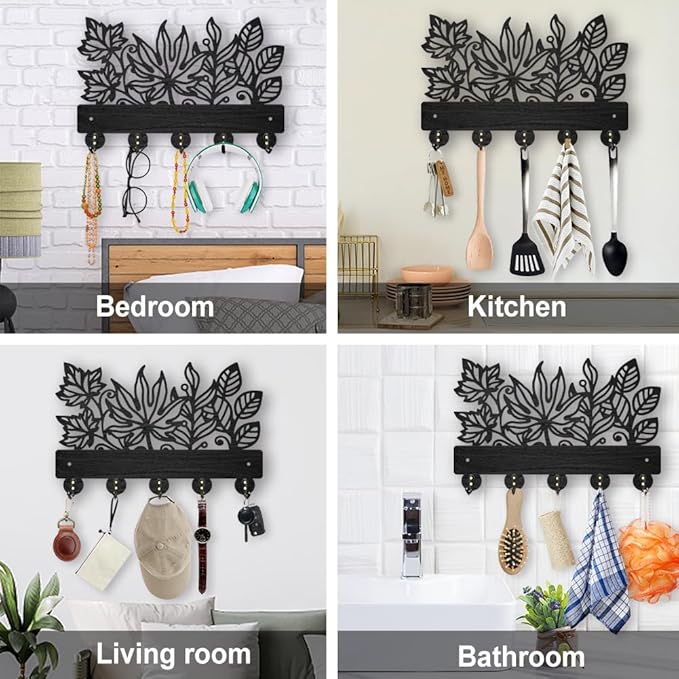MAYJOYDIY Leaves Coat Rack Wall Mount 11.8×7.9inch Wood Leaves Plants Wall Art Decor Nature Tree Key Holder for Wall 5 Alloy Hooks Black Hook Rack Hat All Hook for Entryway Living Room Bedroom Gift