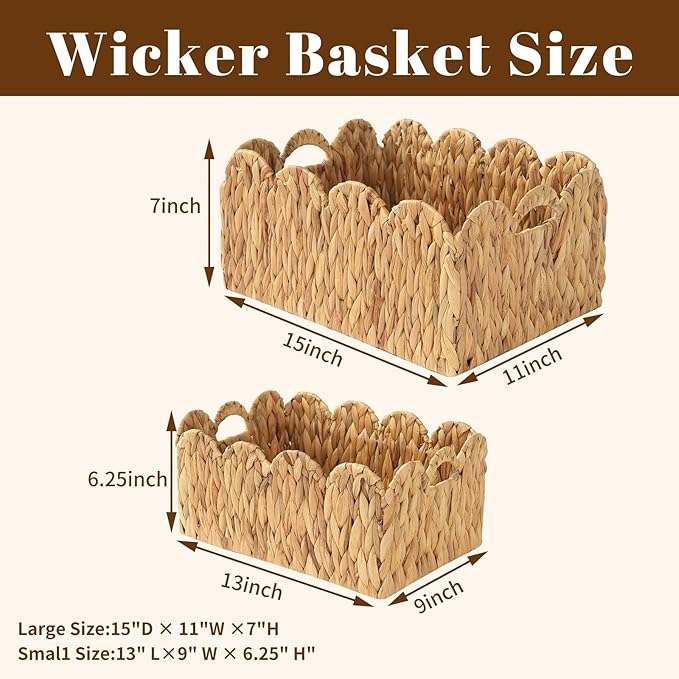 2-Pack Wicker Baskets with Handles, Large(15"Lx11"Wx7"H)&Small(13"Lx9"Wx6.25"H) Woven Storage Basket, Decorative Storage Basket for Home & Kitchen/Nursery Organizers