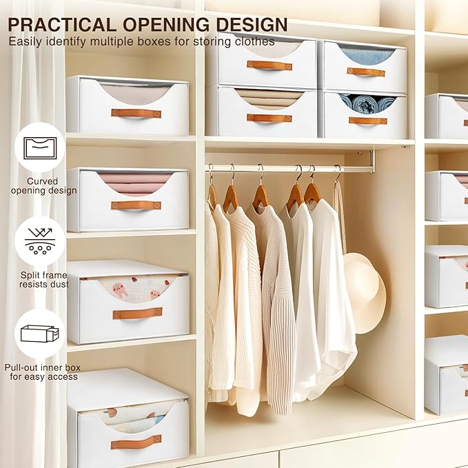 Stackable Storage Drawers - Large Collapsible Storage Bins with Drawers, 6 Pack Closet Shelf Organizer Basket, Fabric Pull Out Organizer for Bedroom, Living Room, Dorm, White