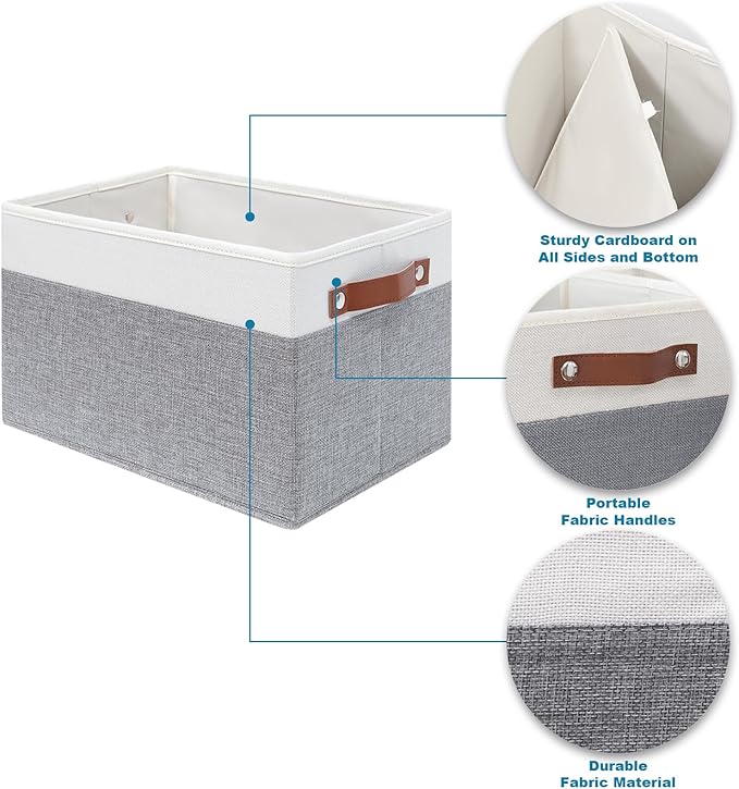 4 Pack Large Fabric Storage Baskets for Shelves , Closet Storage Bins for Shelves, Fabric Baskets for Organizing with Handles for Home organization and Storage (White with Grey,15"L*13"W*13"H)