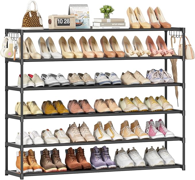 Extra Long Shoe Rack 6 Tier Shoe Storage Organizer with 2 Hooks, Wide Stackable Shoe Organizer Racks for Closet Entryway,Shoe Shelf Stand Sturdy Durable Shoes Holder Up to 39Pairs, Black
